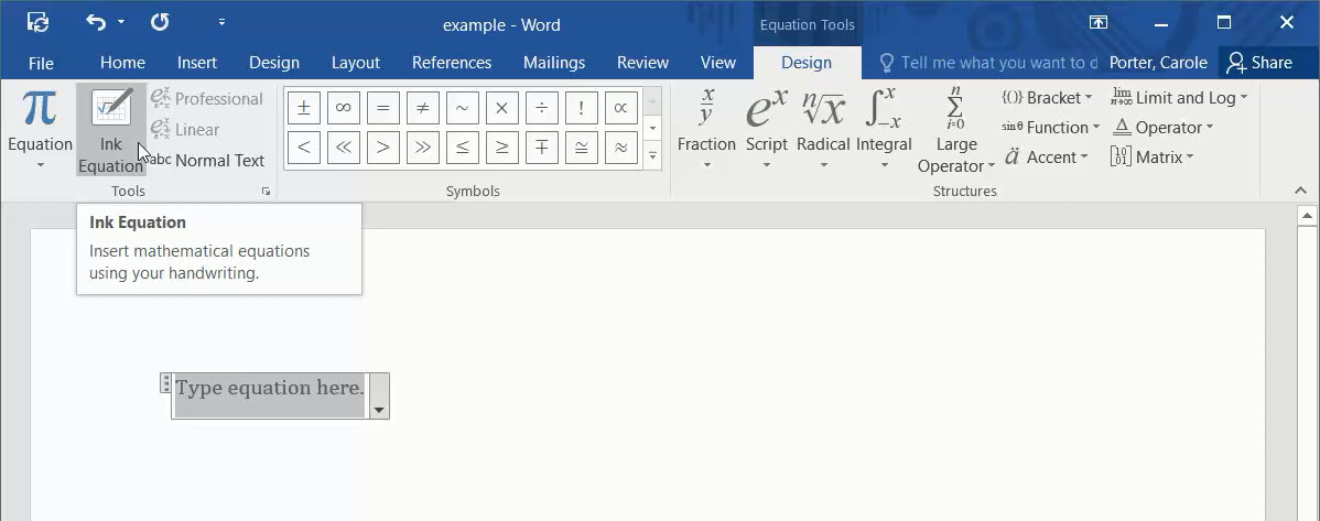 ink equation function in Word